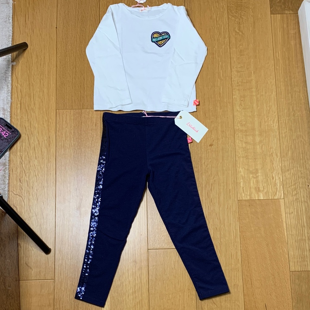 Billieblush White Top and Navy Leggings Set with Sequin Stripe heart has 3d gems